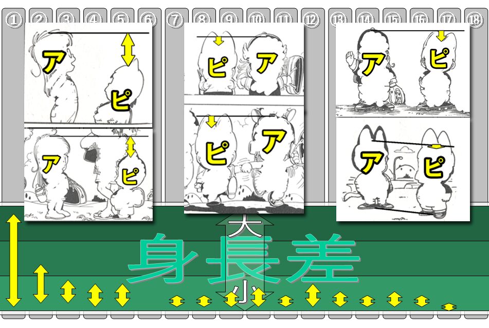 アラレちゃんとピースケの身長差比較