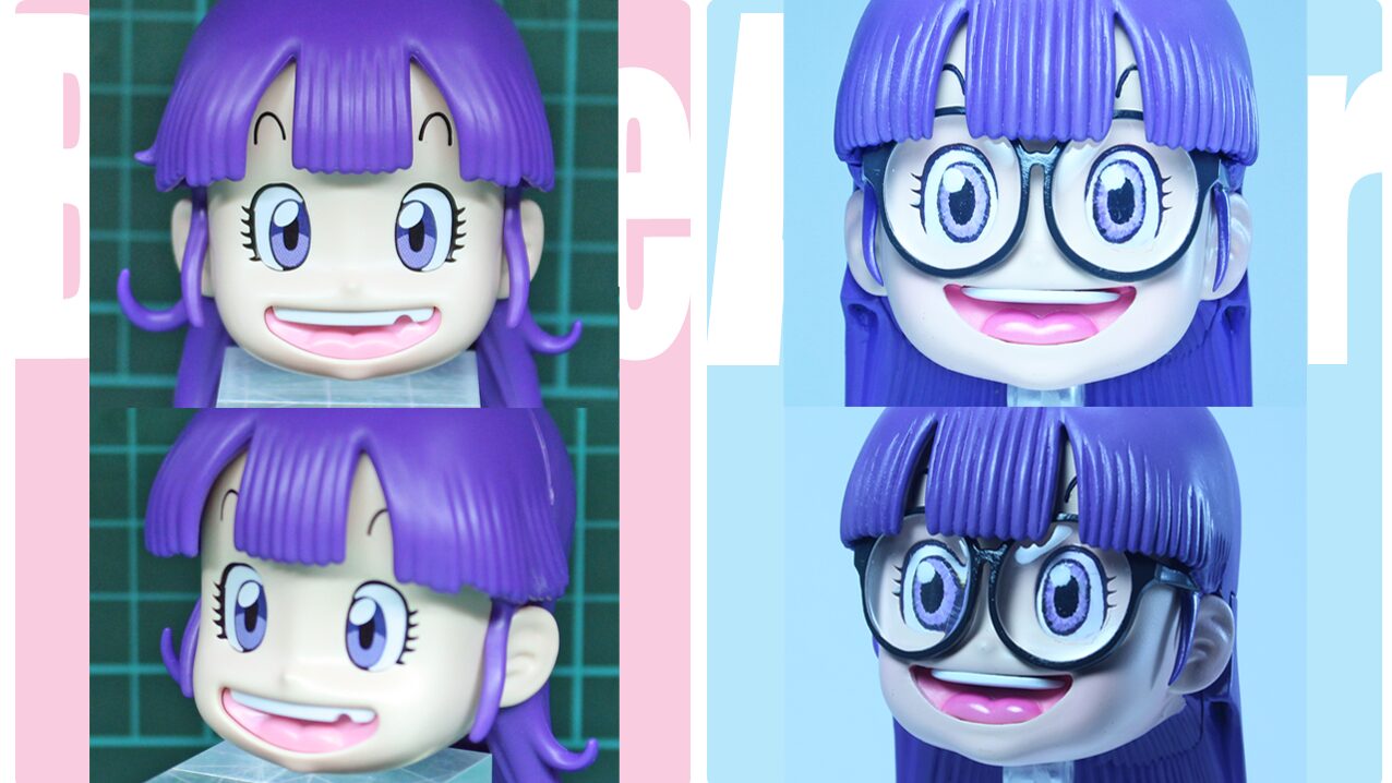 頭部の顔パーツ、口パーツの元キットと改造後のBefore、After